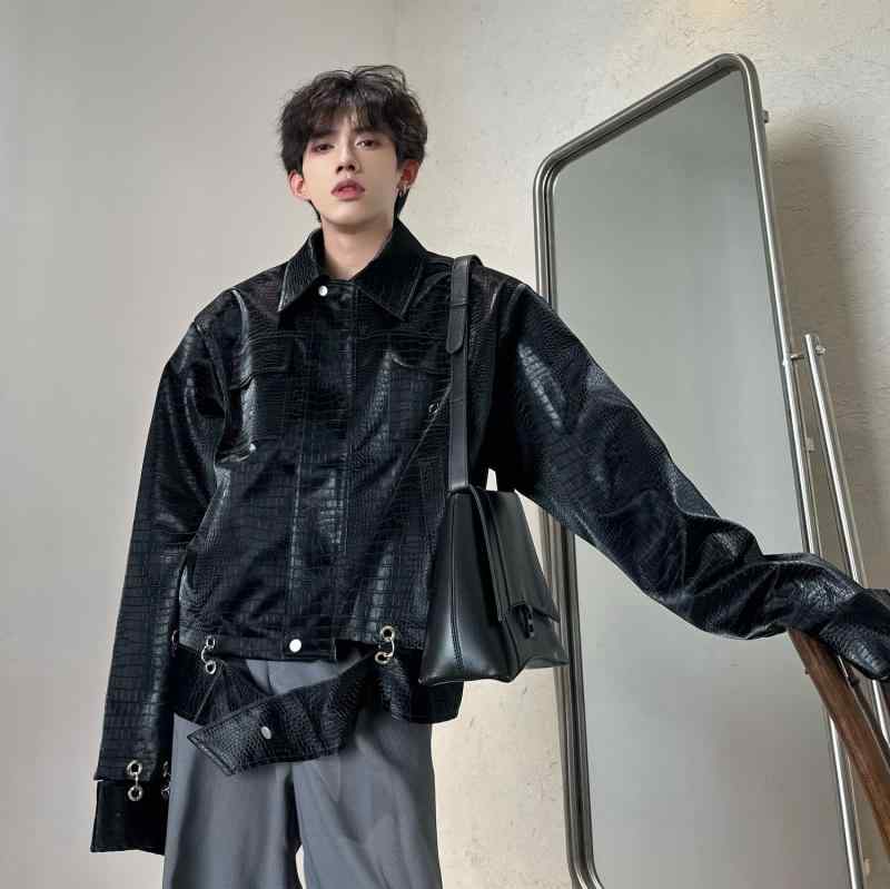 ジャケット メンズ 秋 冬 かっこいい クロコダイル 柄 レザー ショート ショート ハイエンド トップス