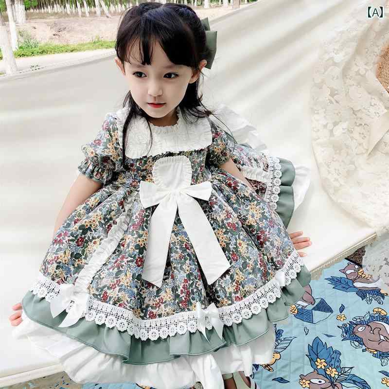 スペイン ロリータ 女の子 子供服 キッズ プリンセス お姫様 ドレス 半袖 花柄 レース チュチュ チュール ふんわり シフォン スカート 誕生日 衣装 フロントリボン アースカラー フォト 映え