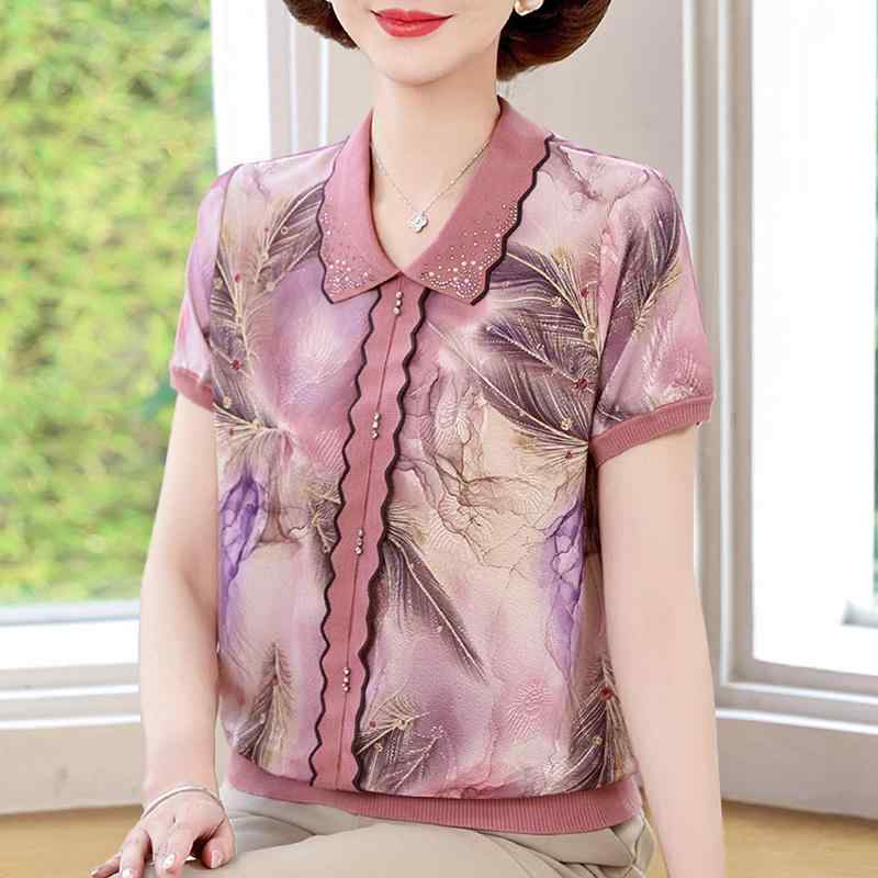 レディース 夏 半袖 シャツ 薄手 トップス おしゃれ Tシャツ ゆったり プルオーバー ニット エレガント 洋風 ショートスリーブ ワイドカラー パール