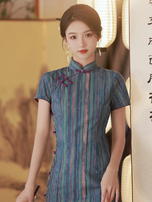 瀬戸ものお召しもの 縞飾り付け 細長い切口 レディース 半袖 レトロ 中国風  映画化 お召しもの 演技 民族服 レディースファッション-ドレス