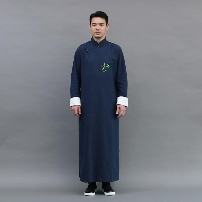 ジャケット メンズ 中華風 ロング ガウン 民族風 レトロ 衣装 リネン 紳士服 スタンドカラー 刺繍 レトロ クロス トーク ビッグ マンダリン