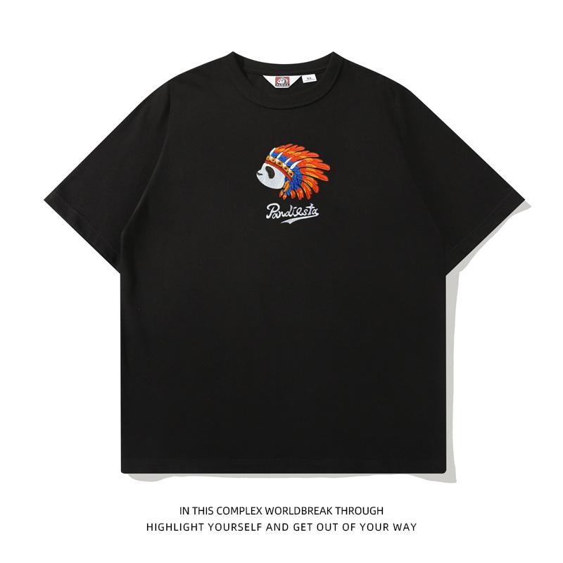 メンズ 半袖 コットン Tシャツ 刺繍 夏 インド パンダ 刺繍