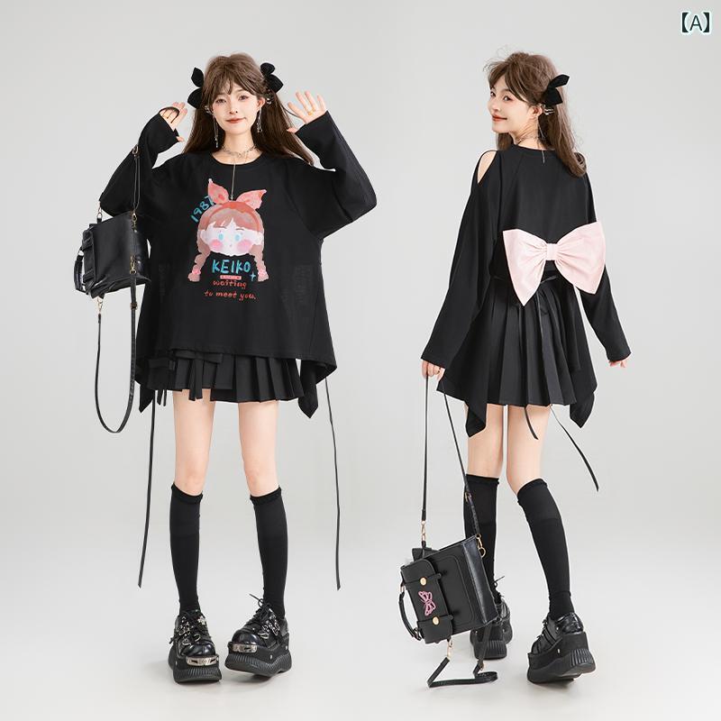バックリボントップス Tシャツ 秋 ガーリー 長袖 半袖 ラウンドネック プルオーバー フレアスカート ゆったり 快適 マタニティ 韓国 おしゃれ かわいい ファッション デート 普段使い使い