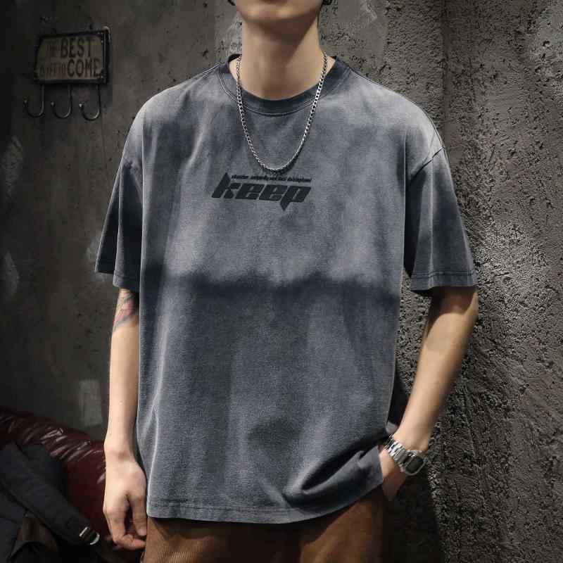 メンズ アメリカン レトロ 小さめ ネック ライン Tシャツ 半袖 夏 ヘビーウォッシュ エイジング グラデーション コットン 五分袖 ショートスリーブ ラウンドネック ファッション かっこいい ゆったり