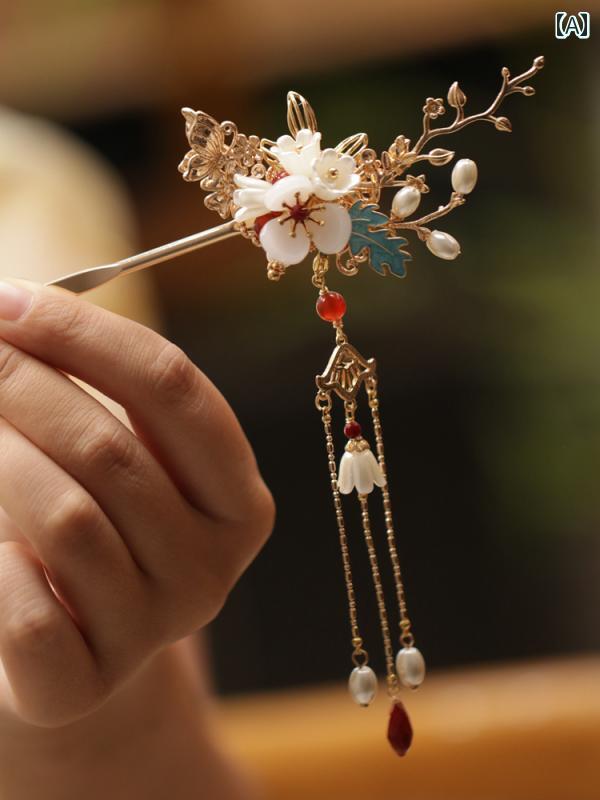 かんざし ヘアピン 髪飾り へア アクセサリー 白 パール ホワイト フラワー 花 中華 レトロ 豪華感 宮殿 漢服 韓国 ゴールド チェーン チャーム 式 赤 玉 上品 髪留め 大人式 祝｜セキュアデポ