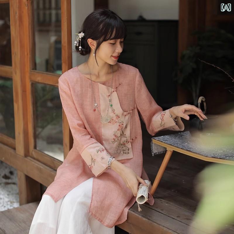 レディース 夏 服 サマーウェア レトロ ラミー 刺繍 トップス 女性 ティー ウェア 中国 綿 リネン シャツ 瞑想 ミドル丈 日焼け防止 カーディガン