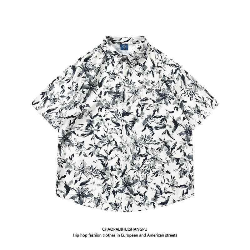 柄シャツ メンズ カジュアル ヴィンテージ風 レトロ アート インク 花柄 半袖 シャツ 総柄 夏 カップル カジュアル シャツ ゆったり