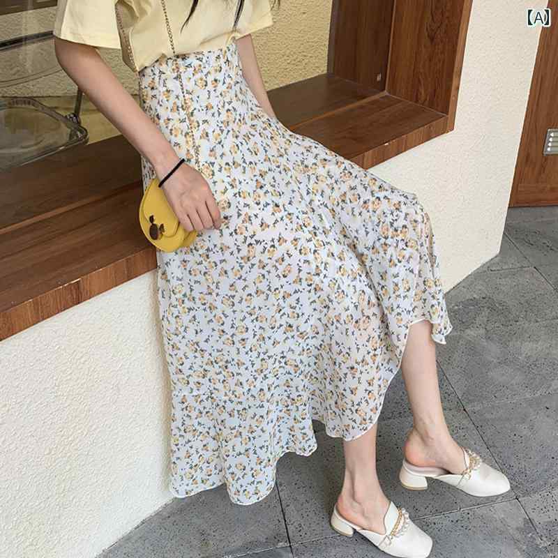 レディース 夏 不規則 スカート 小柄 ハイウエスト a ライン レースアップ ワンピース スリット 花柄 シフォンスカート