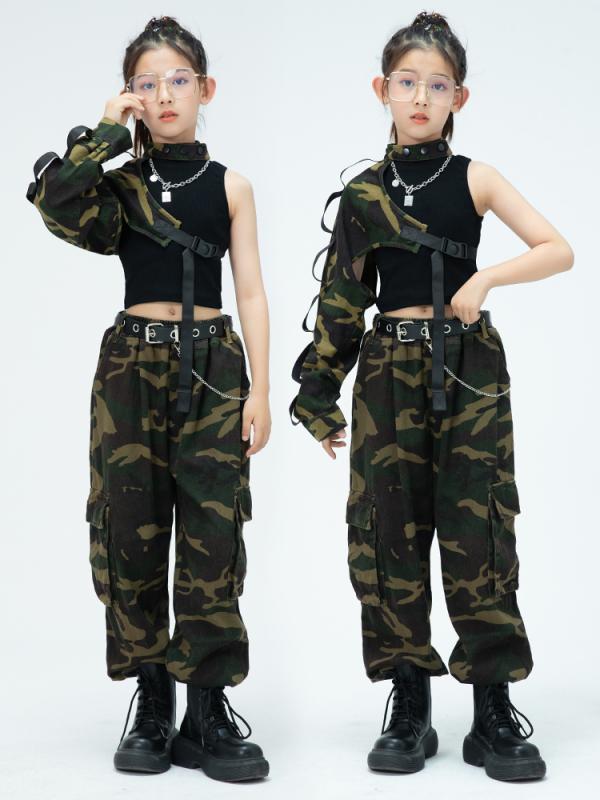 子供服 女の子 Tシャツ タンクトップ へそ出し 迷彩パンツ コスチューム バンド ダンス ヒップホップ ストリート系 パフォーマンス 衣装 クール かっこいい キッズ