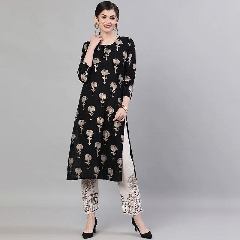 インド 民族衣装 パンジャビ 服 綿 コットン ファッション ラウンドネック ブラック 2点セット トップス パンツ 黒 伝統｜セキュアデポ 9,432円