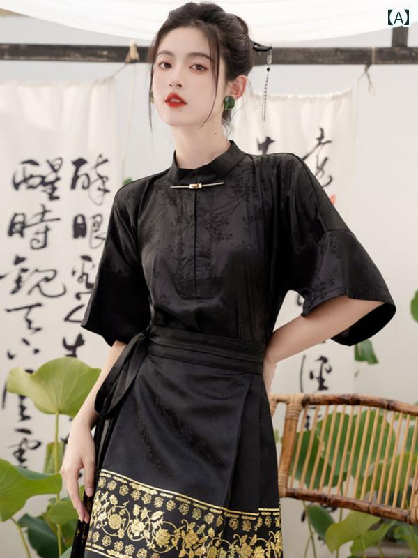 レディース 婦人服 レディース トップス シャツ 豪華感 スタンドカラー 夏 チャイナ風 レトロ ブラック