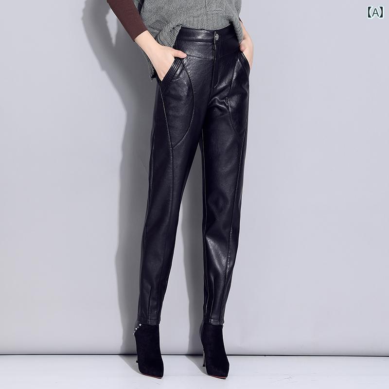 レザー パンツ 韓国 ハイウエスト 九分丈 厚手 PU ロングボトムス ポケット クール ファッション ブラック キュロット 革 レディース 大人 スタイリッシュ