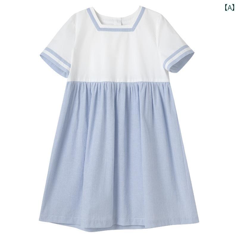 ドレス ワンピース キッズ かわいい ナチュラル 子供服 夏 きれい さわやか ブルー ストライプ カラーマッチング 小さい 四角 襟 親子 カジュアル 女の子｜セキュアデポ