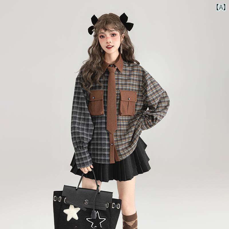 チェック 長袖シャツ トップス プリーツミニスカート レディース 春秋 カレッジ 立体 ポケット フェミニン 韓国 かわいい モテ服 ファッション デート 仕事 普段使い使い