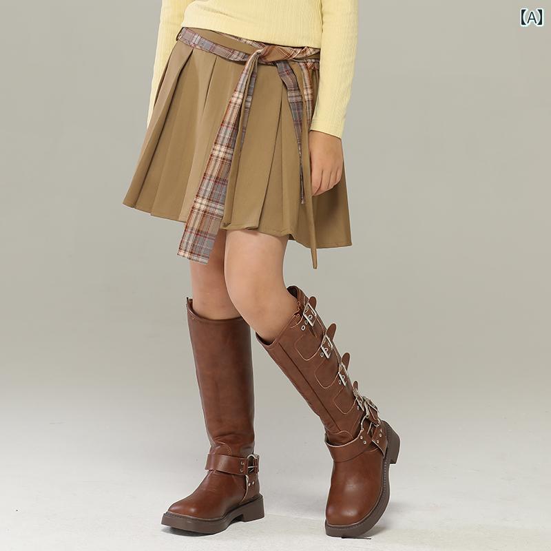 スカート 子供服 ボトムス ナチュラル 普段着 キッズ 女の子 春秋 英国風 パターン ストラップ プリーツスカート 子供 甘くて クール カレッジ スタイル a ライン