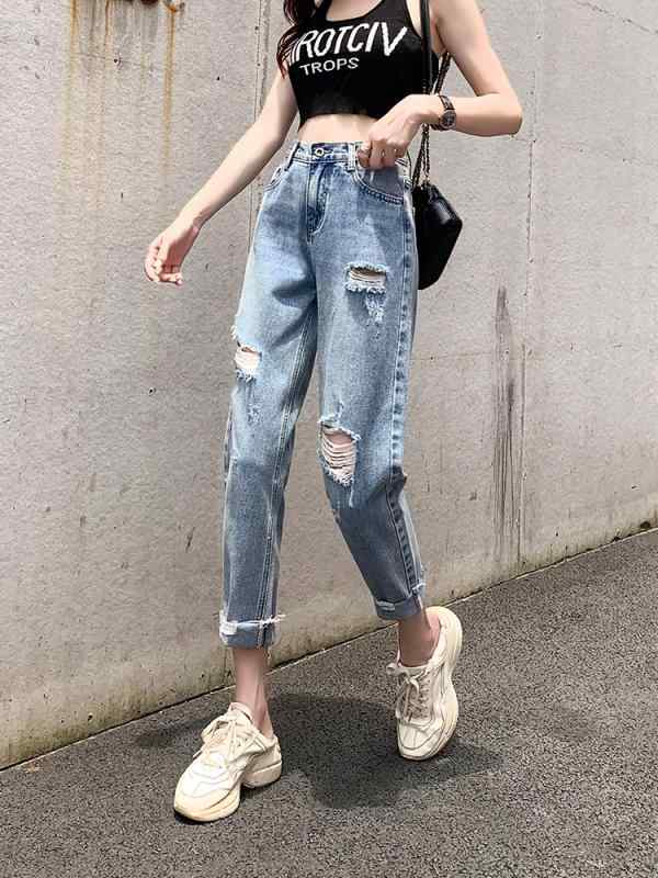 パンツ ズボン ボトムス デニム ジーンズ レディース おしゃれ ファッション 破れ 夏 薄手 ハイウエスト ストレート スリム 九分丈|セキュアデポ