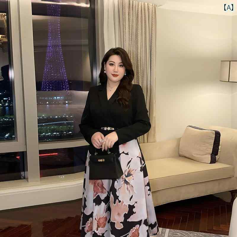 レディース ぽっちゃり フロントティルドレス 大きいサイズ 婦人 フレンチ ウエスト ステッチ プリント フェイク セットアップ スーツ ドレス｜セキュアデポ