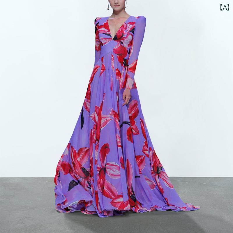レディース パープル ワンピース ウエスト フレンチ 花柄 スカート V ネック 裾 大きい ロング