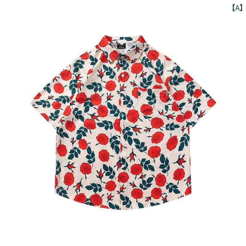 メンズ レディース 総柄シャツ ヴィンテージ風 レトロ バラ 花 プリント 半袖 シャツ カップル ハワイアン ビーチ シャツ 個性 かわいい