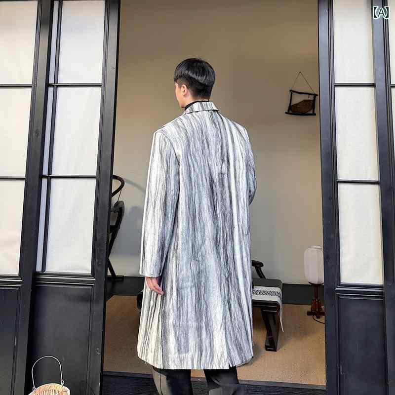 メンズ ジャケット かっこいい 冬 中華風 インク プリント ロング ウール コート 瞑想 レトロ ハイエンド