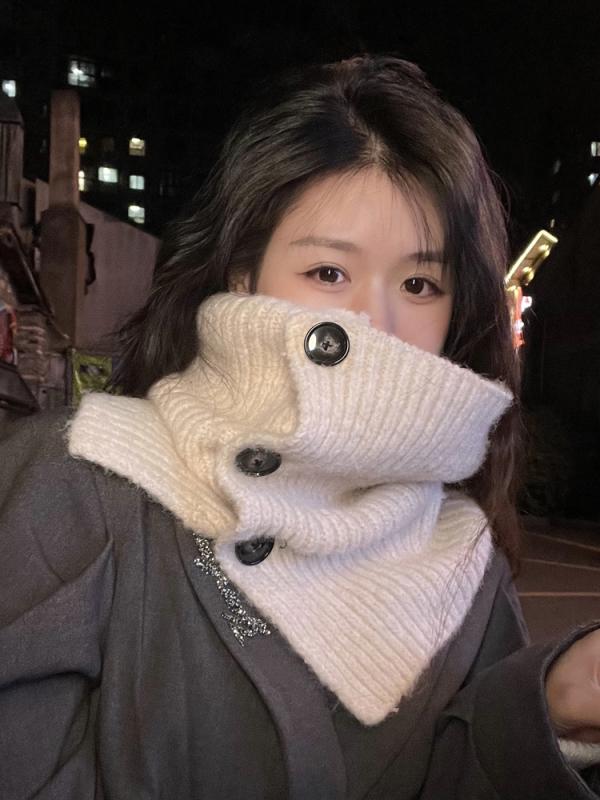 冬 カジュアル ニット マフラー 用 韓国 レトロ スカーフ 暖かい 防寒性 ネック スカーフ 旅行用 ボタン スカーフ