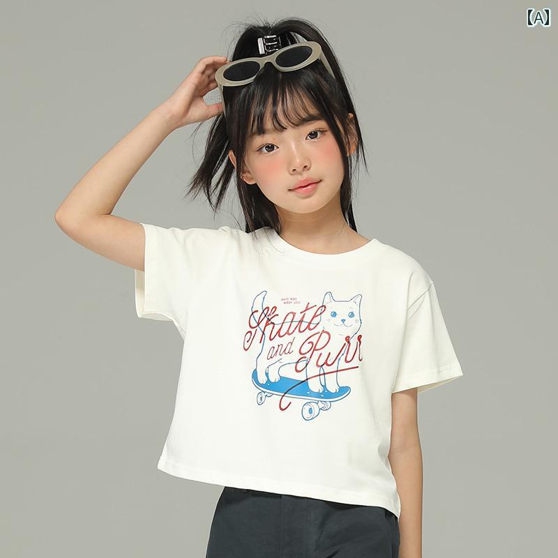 トップス Tシャツ キッズ おしゃれ ナチュラル 小さい 女の子 薄手 半袖 夏 子供たち 中型 大型 子供用 猫 プリント