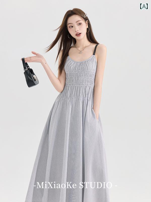 ワンピース フレンチ レトロ 質感 ストライプ サスペンダードレス フレア レディース 夏 ロングスカート カレッジ コットン素材 シンプル