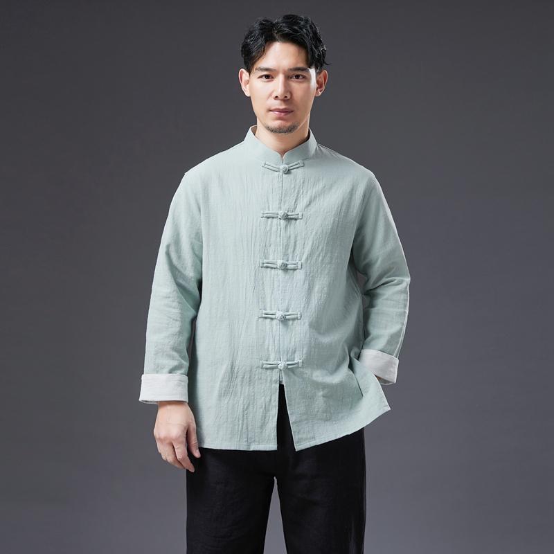 シャツ メンズ コットン 長袖 修行服 カンフー 太極拳 中華風 唐 スーツ ヤング リネン 中国 瞑想 服 レトロ トップス
