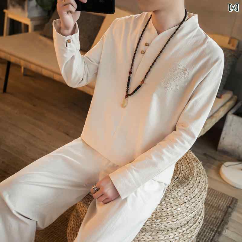 メンズ 中華服 成人男性服 メンズ トップス プルオーバー ボトムス ズボン下 セットアップ 上下仕掛ける 背広 心地好い 瀬戸もの風 大きめ大きさ レトロ 春