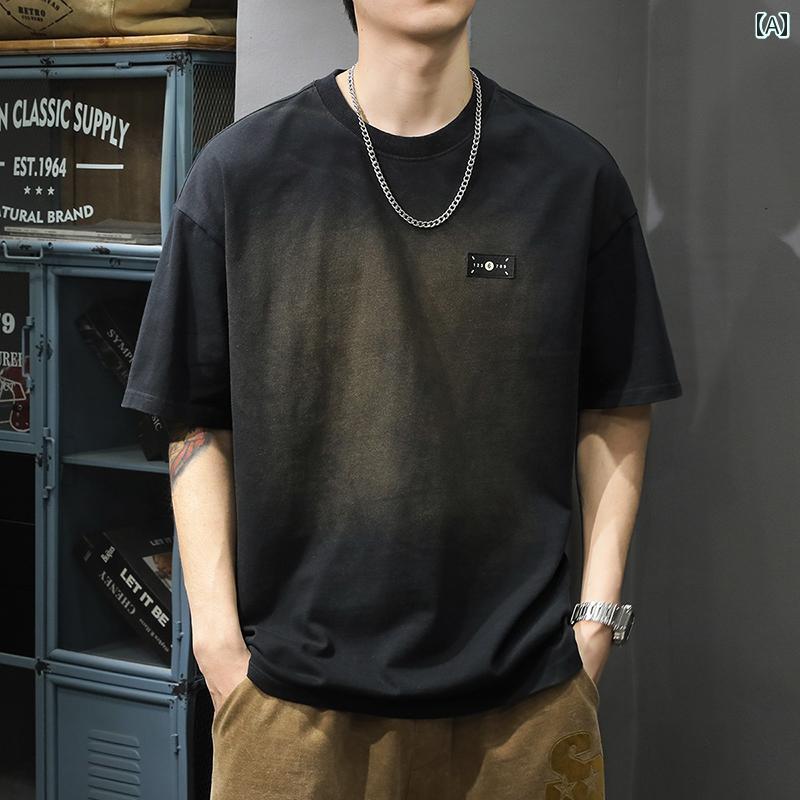 Tシャツ 夏 レトロ グラデーション 半袖 メンズ メンズ ゆったり カジュアル レジャー 綿 おしゃれ