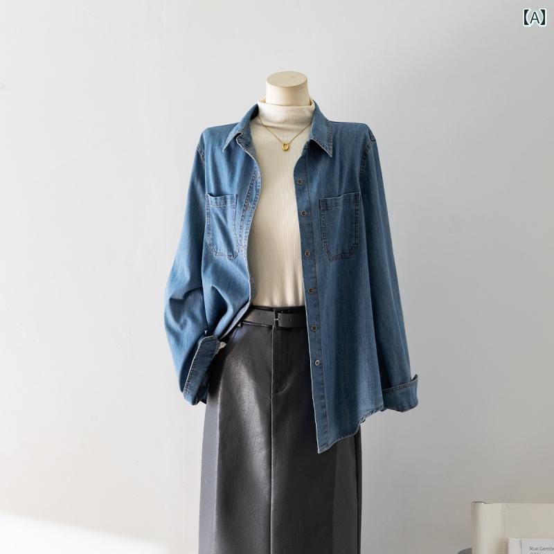 シャツ レディース レトロ ダメージ 加工 ライト ブルー ソフト デニムシャツ 女性 春 ファッション 層 状 長袖