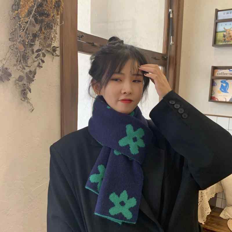 レディース 秋 冬 ニット ウール マフラー 黒白 両面 フラワースカーフ 暖かい 韓国 かわいい 学生 スカーフ