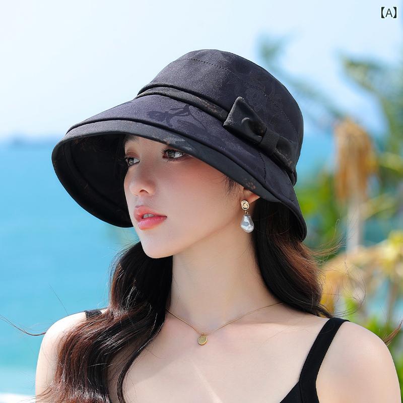 レディース 夏 帽子 日除け アウトドア レジャー 綿 サテン 通気性 リボン フィッシング 女性 サマー ビーチ 旅行 折りたたみ バケット ハット 日焼け防止