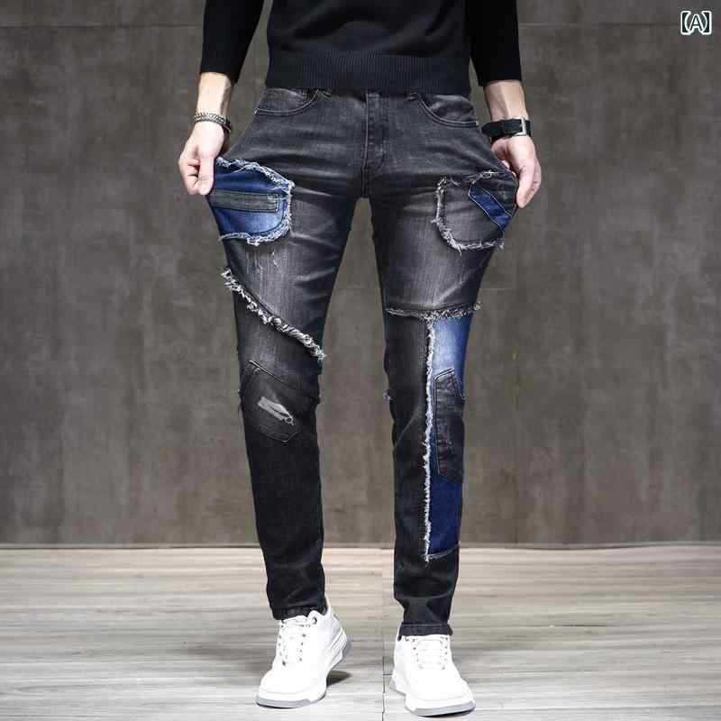 デニムパンツ メンズ ウォッシュド ブラック パッチワーク フィット ストレート ジーンズ ポケット ストリート モーターサイクル ロング パンツ ストレッチ デニム｜セキュアデポ