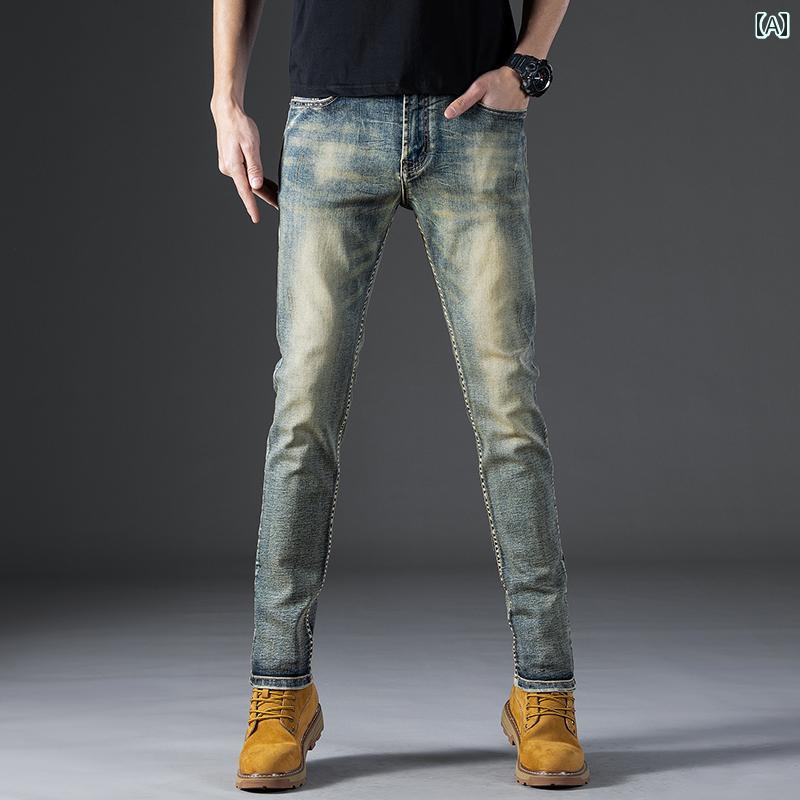 デニムパンツ ストリート レトロ フィット ストレート ウォッシュド ジーンズ メンズ ストレッチ カジュアル ロング パンツ デニム オールシーズン