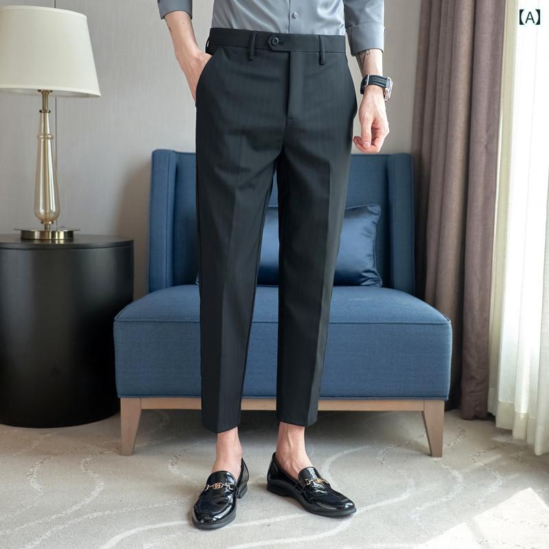 パンツ スラックス メンズ 夏 薄手 韓国 九分丈 カジュアル スリム ストライプ 裾細 ズボン ビジネス スーツ ズボン