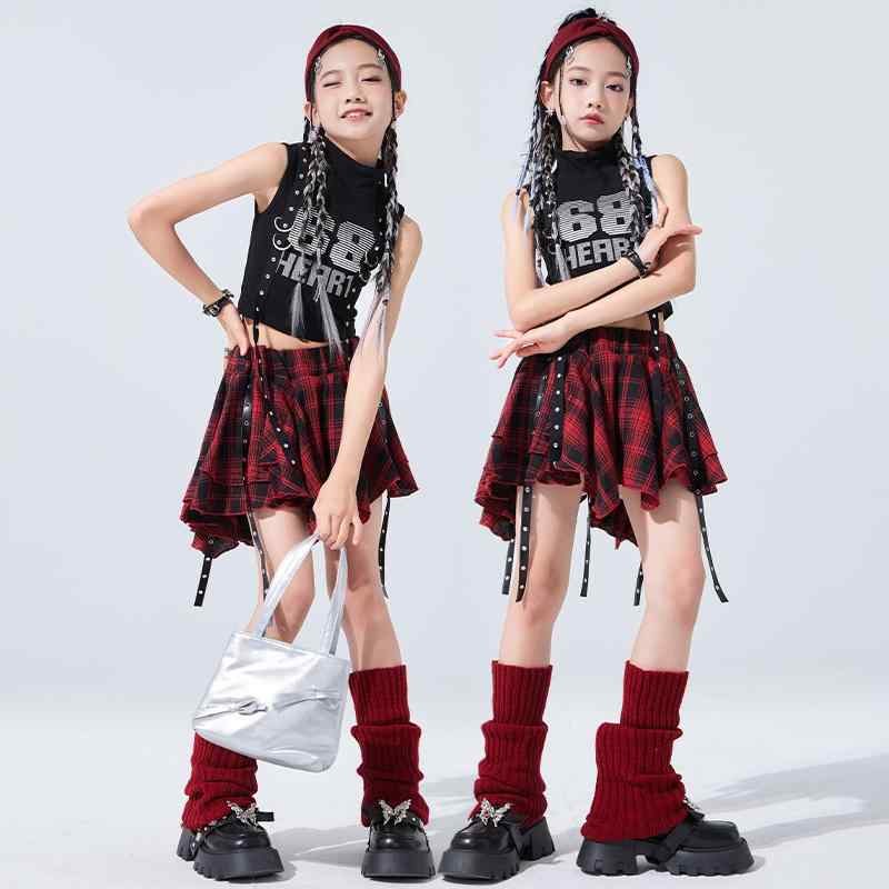 子供服 女の子 Tシャツ タンクトップ へそ出し ミニスカート 夏 コスチューム バンド ダンス ヒップホップ ストリート系 パフォーマンス 衣装 クール かっこいい キッズ