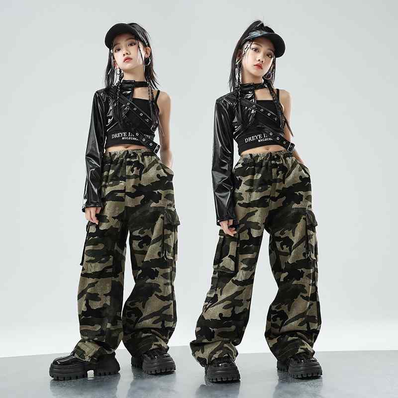 子供服 女の子 ミリタリーファッション Tシャツ へそ出し 迷彩パンツ コスチューム バンド ダンス ヒップホップ ストリート系 パフォーマンス 衣装 セットアップ クール かっこいい キッズ