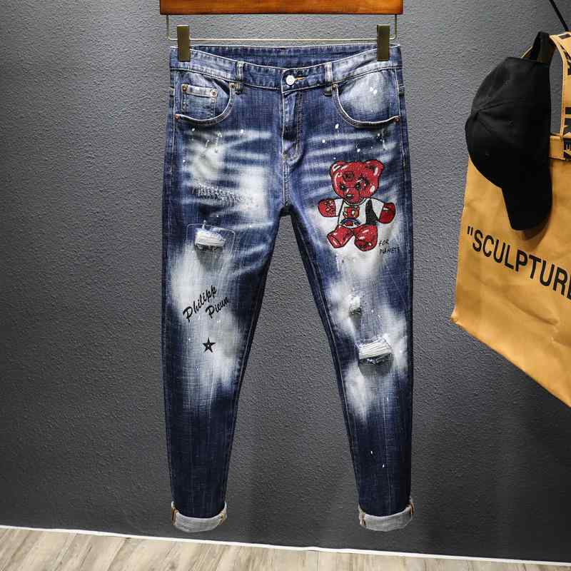 パンツ デニムパンツ カジュアル 春秋 ホット ジーンズ メンズ ホール パッチ ストレッチ スリム クロップド ロング