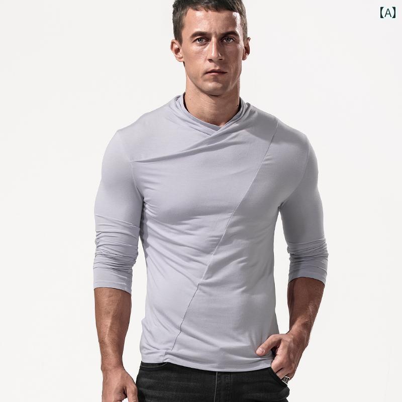 メンズ T シャツ マッスル スタイリッシュ パイル カラー 長袖 秋冬 V ネック タイトフィット レトロ 小さめ ハーフ タートルネック スタンドカラー レイヤリング