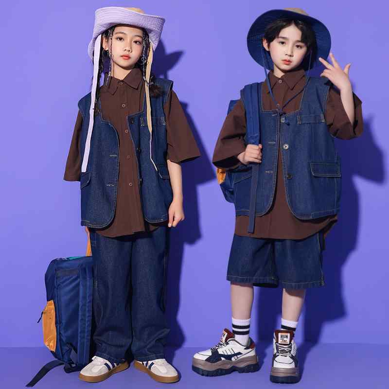 子供服 女の子 男の子 デニムスーツ Tシャツ ベスト デニムパンツ コスチューム バンド ダンス ヒップホップ ストリート系 パフォーマンス 衣装 クール かっこいい キッズ