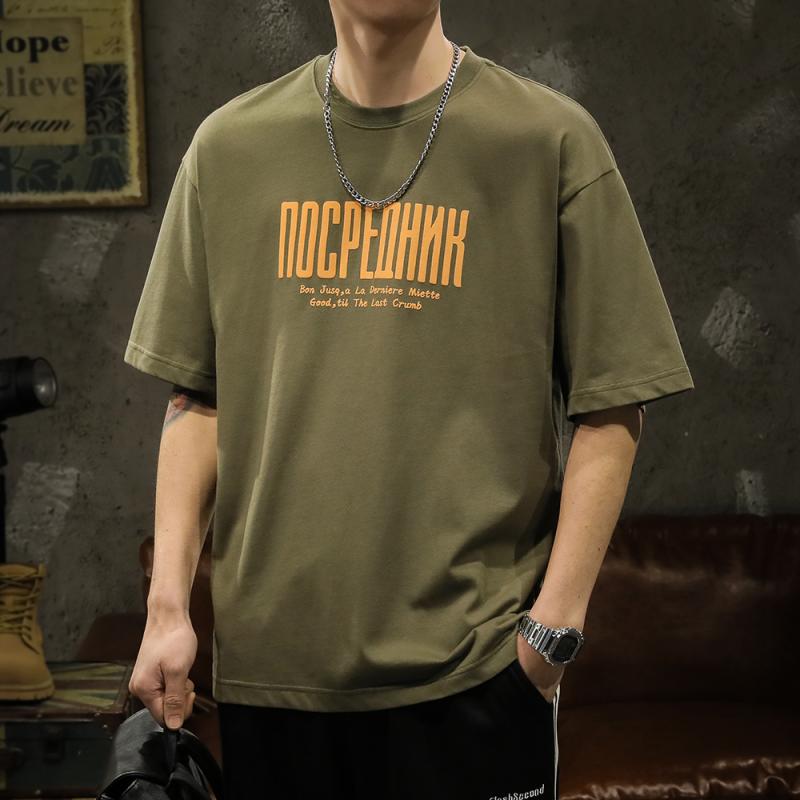 メンズ Tシャツ 半袖 夏 トップス カジュアル レジャー 綿 コットン ラウンドネック 丸首 前プリント ゆったり 大きめサイズ アーミーグリーン ホワイト ホワイトグレー ブラック ネイビーブルー メンズ