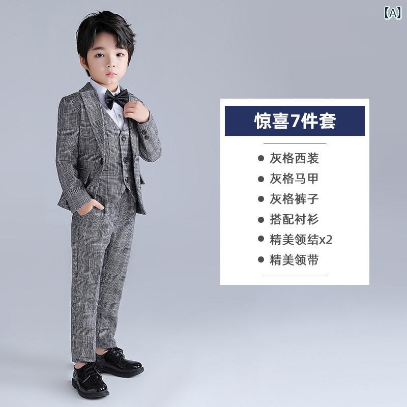 ドレス キッズ スーツ フォーマル 発表会 男の子 秋冬 ベルベット 厚手 グレー チェック柄 ベビー 1歳 中間 子 カジュアル|セキュアデポ