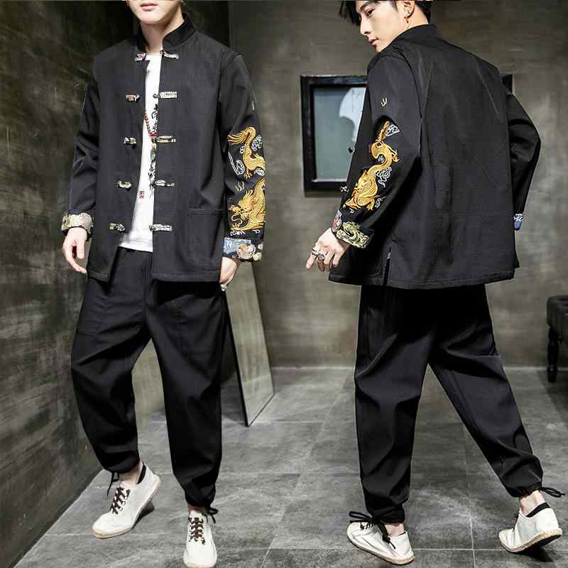 厚地の外套 メンズ 春 火竜柄 中華風 火竜 刺しゅう 唐 背広 背広 レトロ バックル 藤四郎 思い入れる 背広