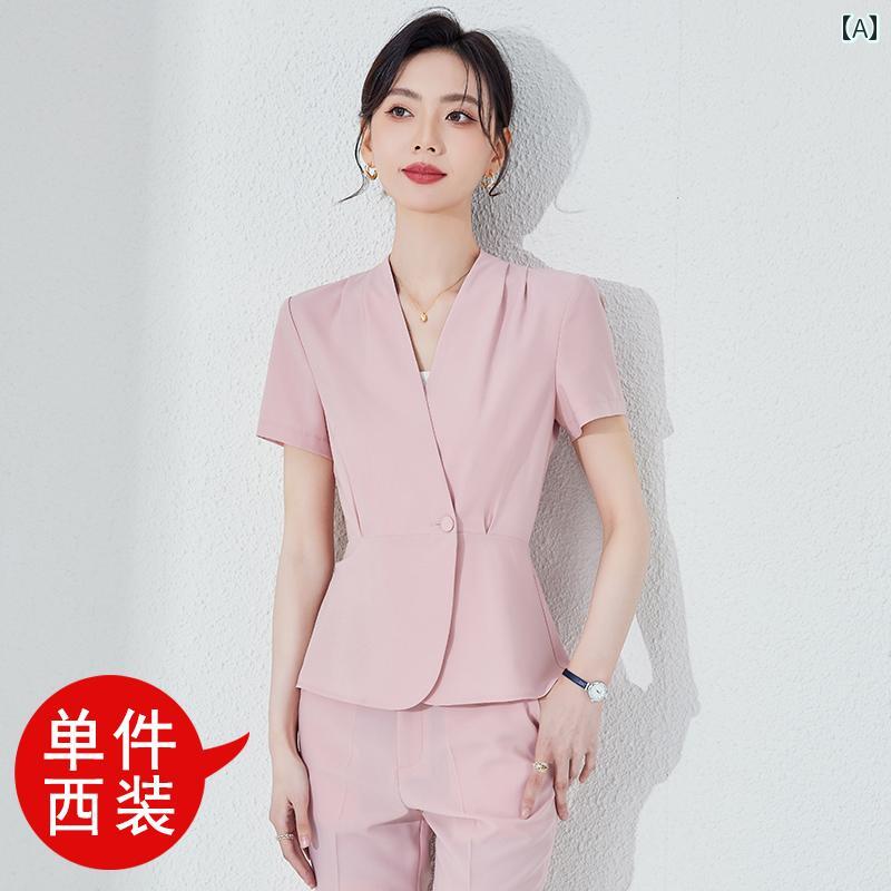 夏 背広 レディース 成年者 レディース 今めかしい 夏服 半袖 V素っ首 1つ名取り草 か細い相応う 御役目服 商行為 執務室 成人女性服  セットアップ 上下2点仕掛ける