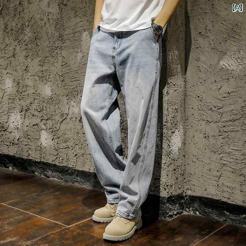 メンズ 長ズボン ロングパンツ ボトムス 春秋 デニム ストレート レトロ ウォッシュド ヴィンテージ風 ワイドレッグ ジーンズ ストレッチ性し 綿 コットン100 ポケット装飾 カジュアル レジャー 爽やか