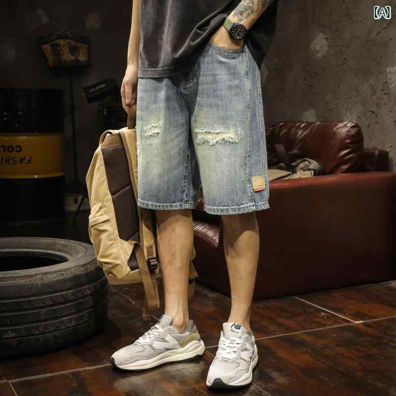 ハーフパンツ メンズ ショートパンツ ボトムス 夏 アメリカン デニム ウォッシュド 破れ加工 ユーズド加工 ストレート カジュアル ややストレッチ性 ハーフ 五分丈 半ズボン カーゴ ミドル マルチポケット ゆったり バッジ 綿 コットン100