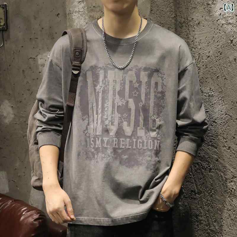 メンズ 長袖 Tシャツ 春秋 トップス スウェット レトロ フロントプリント レトロ ウォッシュド ラウンドネック コットン100 カジュアル レジャー ボーイズ