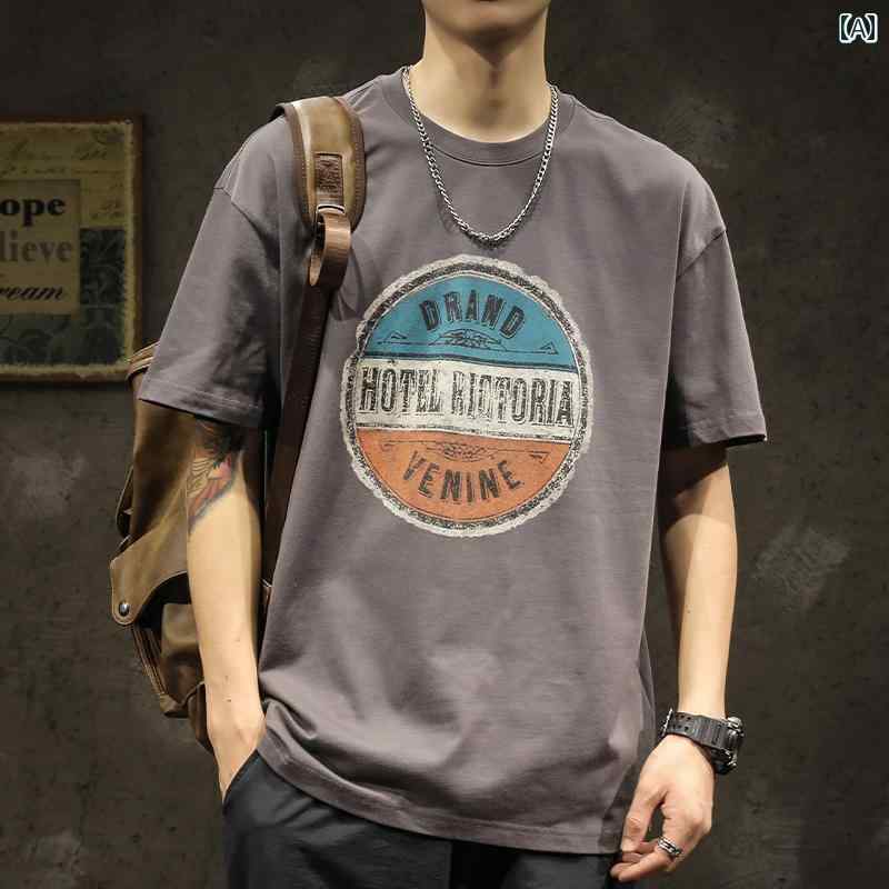 メンズ 半袖 Tシャツ 夏 トップス アメリカン レトロ ラウンドネック フロントプリント トリコロールカラー ダメージ加工プリント テキスト英文字 綿 コットンウール カジュアル レジャー