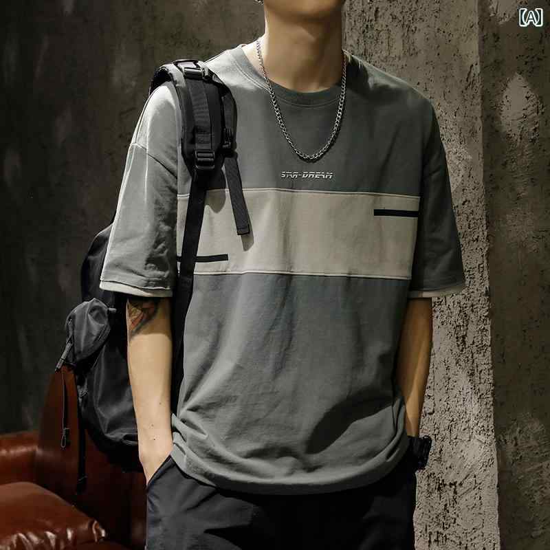 メンズ 半袖 Tシャツ 夏 トップス ラウンドネック アメリカン フツートーンカラー ２使い コットンウール生地 ボーダー コットン100 フロントプリント装飾 ２枚重ね着風 おしゃれ レトロ カジュアル レジャー